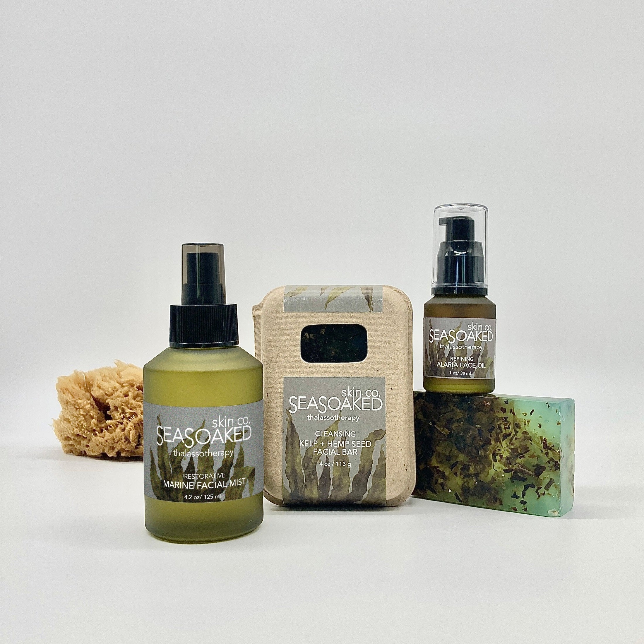 Marine Facial Mist, Kelp Hemp Seed Oat bar, Alaria Face Oil.